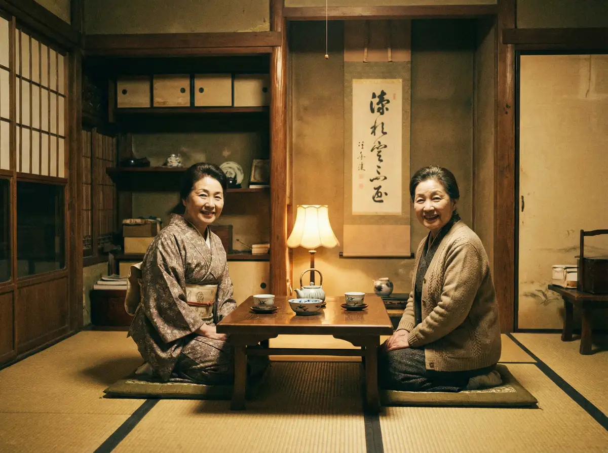 两位优雅的 天博体育 在日式茶室中品茶交谈